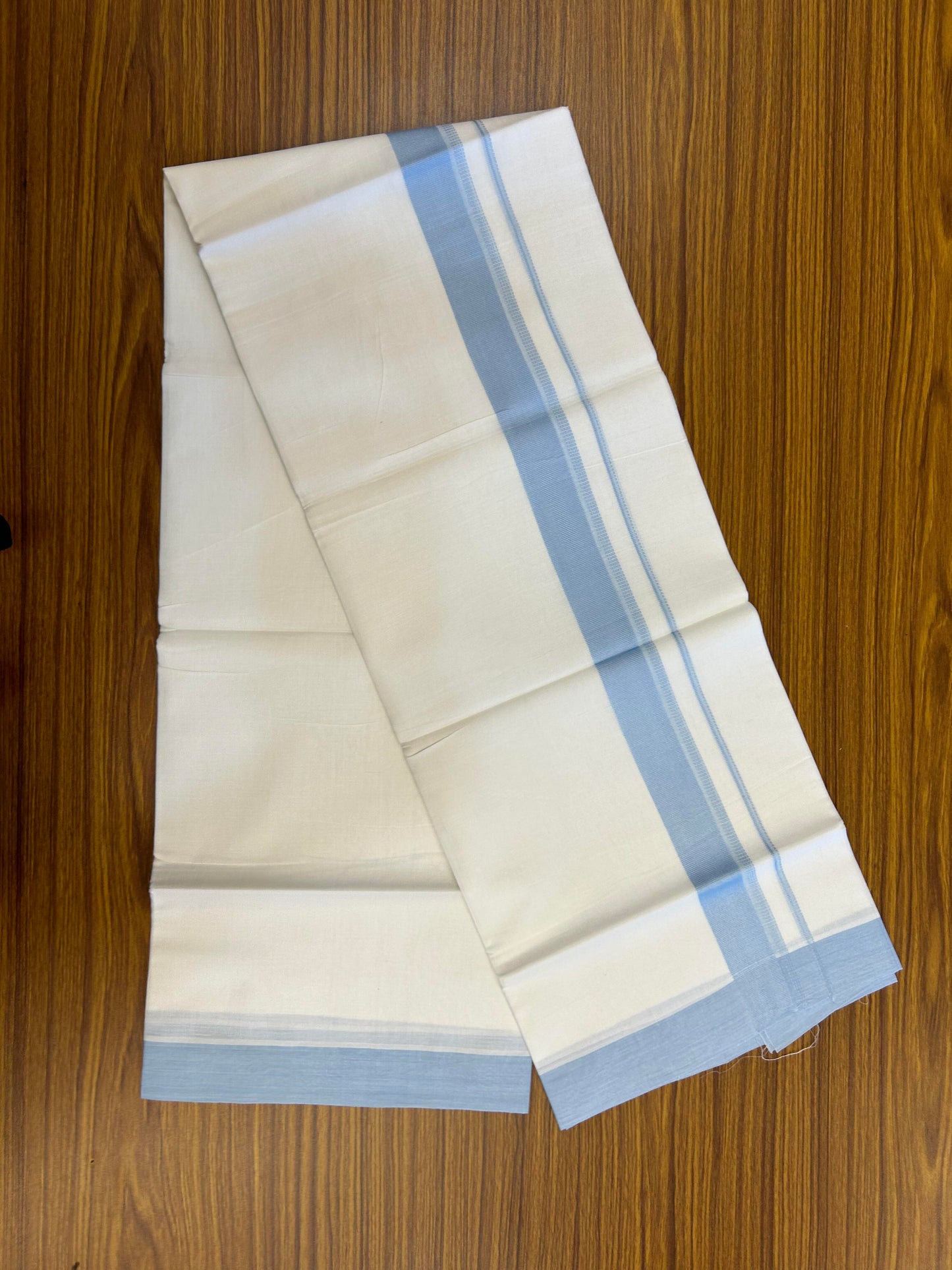20% Discount ! Kaitharikada Balaramapuram 100% Cotton Pure White Double Mundu/Dothi - 100x80 - 1.5 inch Light Blue Shaded Stripes Kara 3.90 m (8 muzham) - 58 KK5364 MC