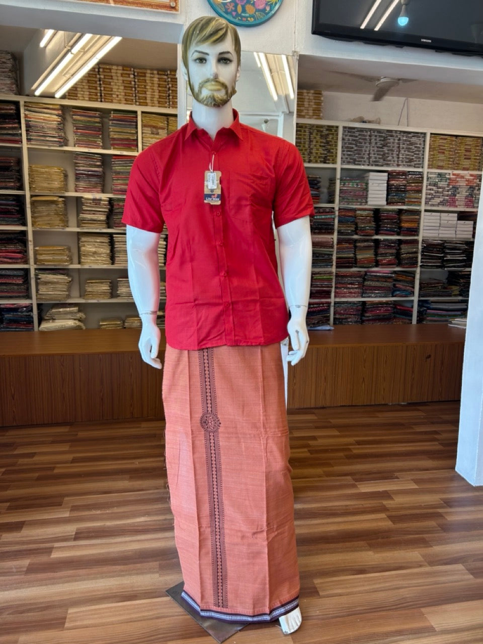 Kaitharikada Pure Cotton - Single Kaily / Lungi - 2 inch Dark Maroon printed kuppadam kara with Kavi colour body - 3KK8000AS