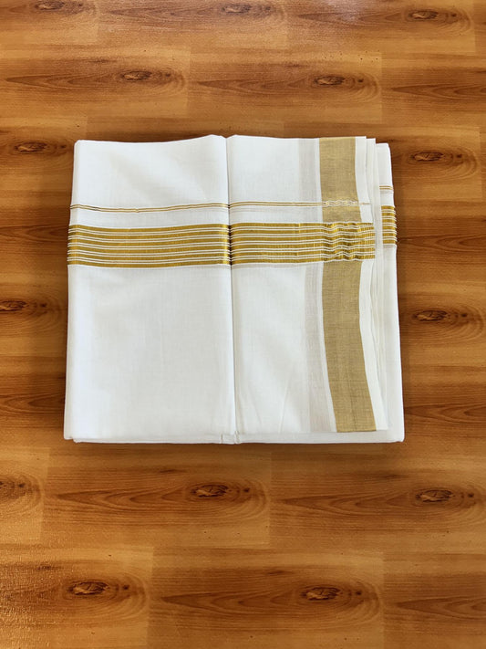 Double Pure White Mundu/Dhoti - 20% Discount!! Kaitharikada Balaramapuram Pure Cotton - 100s - 1.25 inch Gold Kasav Stripes Kara 4 mtr (8.5 Muzham) - 17 KK5406 GAN