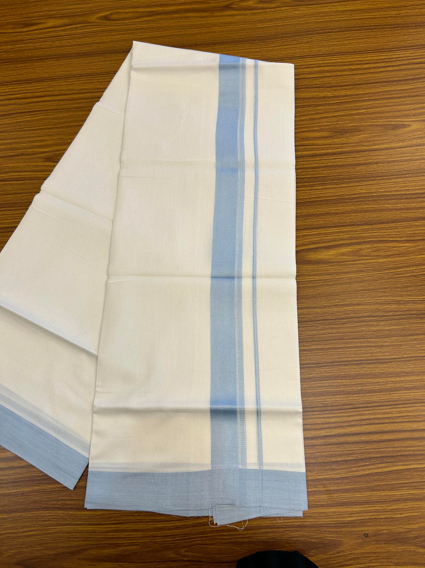 20% Discount ! Kaitharikada Balaramapuram 100% Cotton Pure White Double Mundu/Dothi - 100x80 - 1.5 inch Light Blue Shaded Stripes Kara 3.90 m (8 muzham) - 58 KK5364 MC
