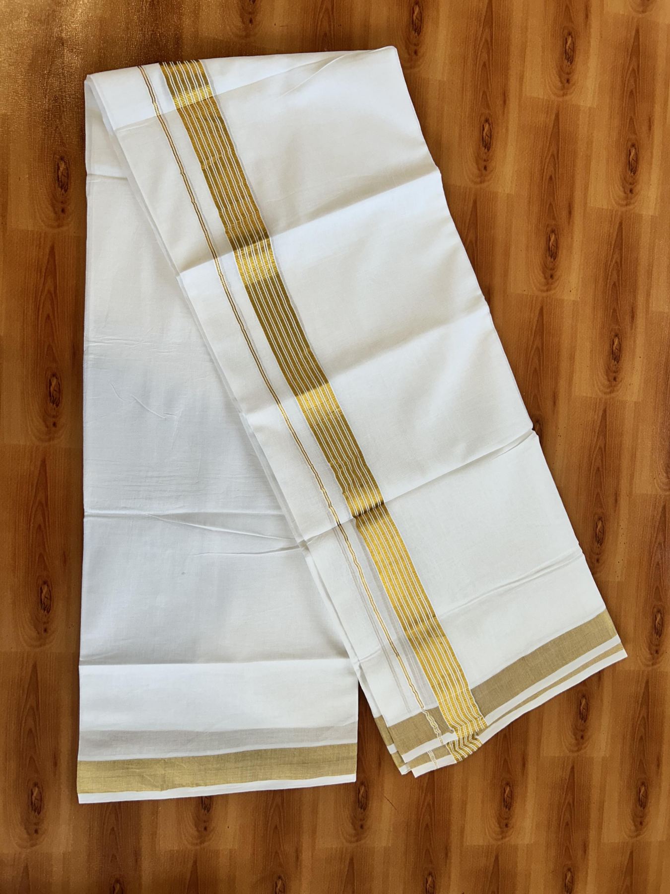 Double Pure White Mundu/Dhoti - 20% Discount!! Kaitharikada Balaramapuram Pure Cotton - 100s - 1.25 inch Gold Kasav Stripes Kara 4 mtr (8.5 Muzham) - 17 KK5406 GAN