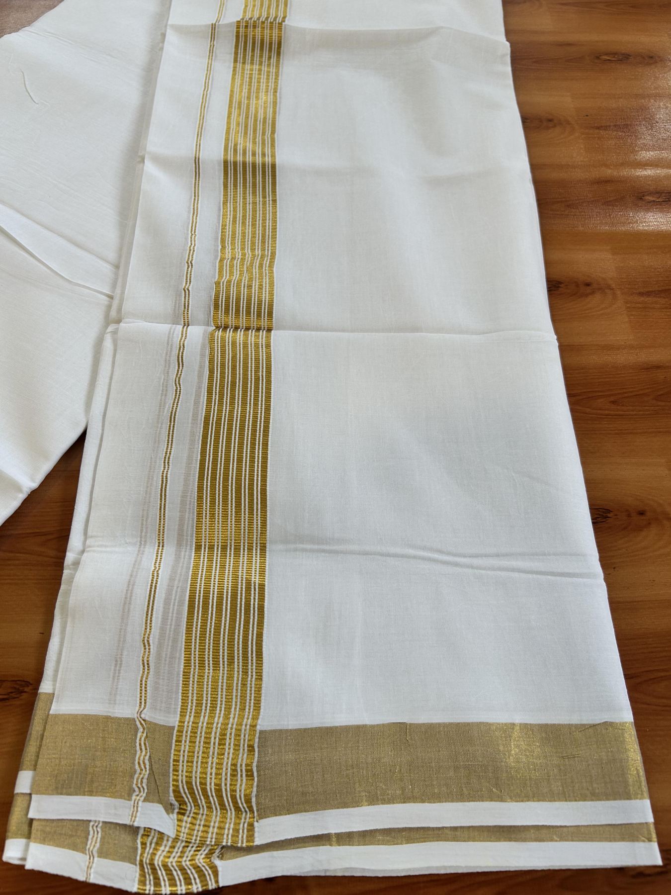 Double Pure White Mundu/Dhoti - 20% Discount!! Kaitharikada Balaramapuram Pure Cotton - 100s - 1.25 inch Gold Kasav Stripes Kara 4 mtr (8.5 Muzham) - 17 KK5406 GAN
