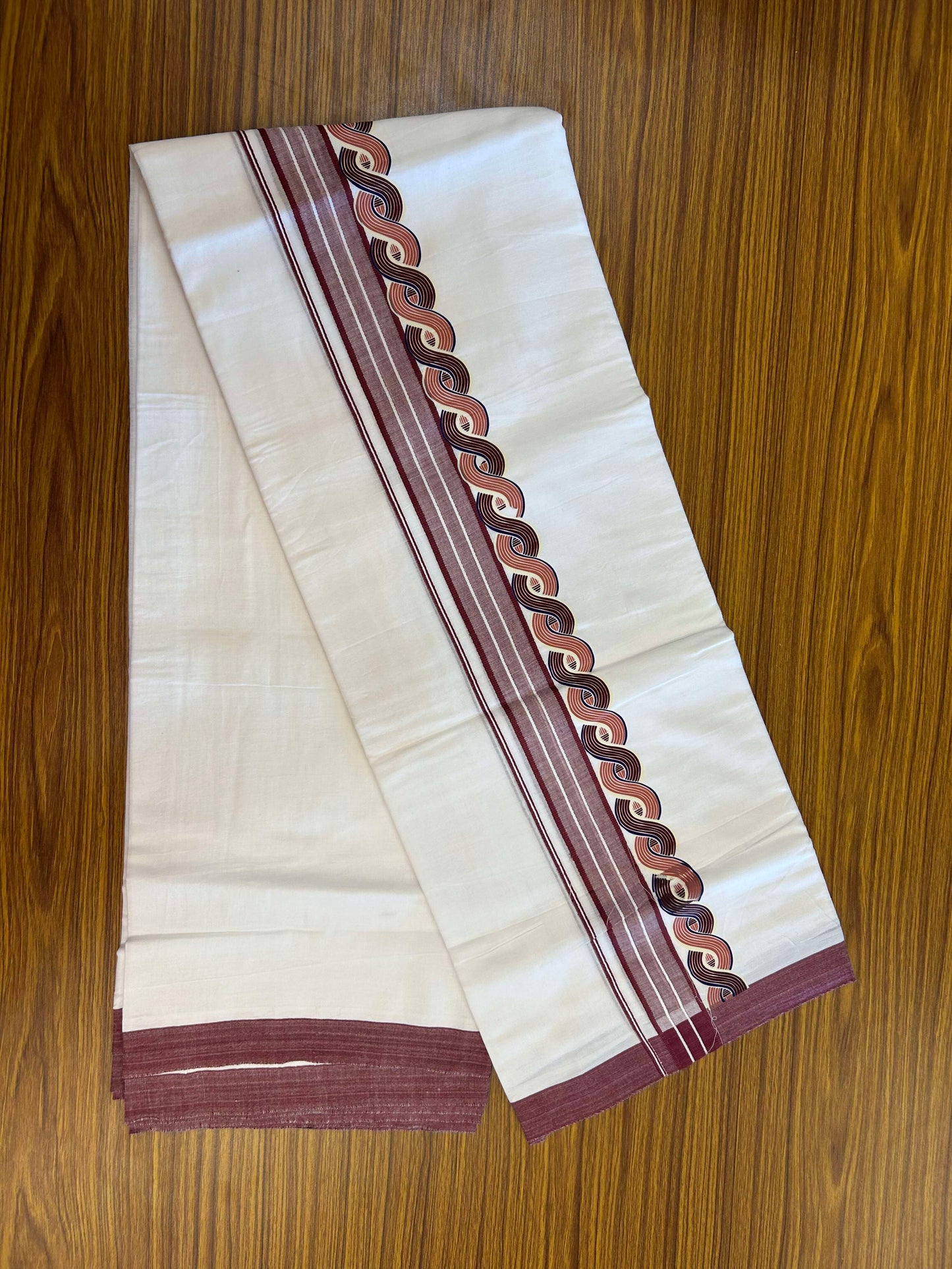 20% Discount ! KaithariKada Balaramapuram Cotton Double Pure white Mundu/Dhoti- 60s - 2.75 inch Multi Colour & Light Maroon Printed Shaded Stripes Design Kara - 3.65 mtr (8 muzham) - 39 KK5309 GAN