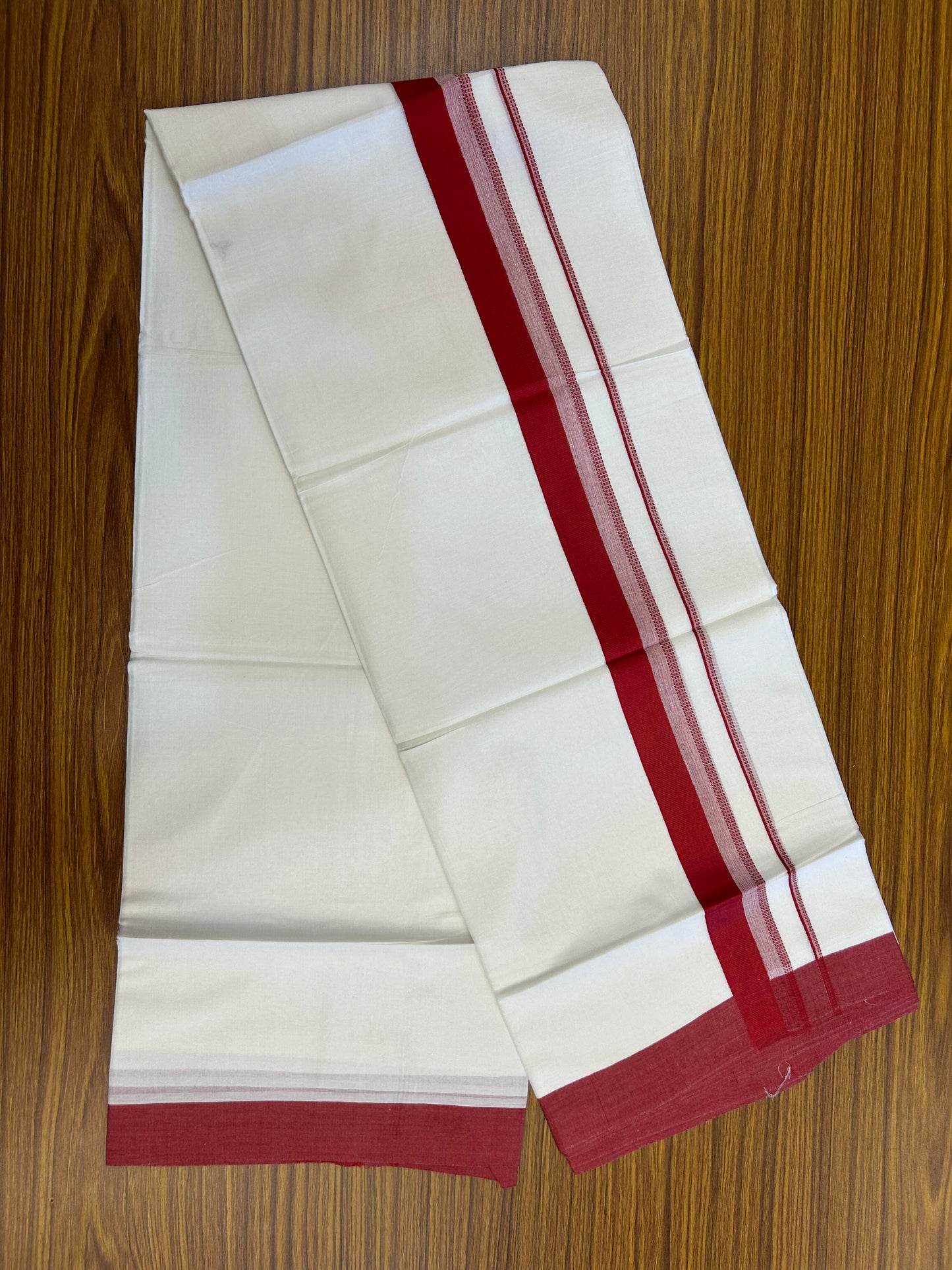 20% Discount ! Kaitharikada Balaramapuram 100% Cotton Pure White Double Mundu/Dothi - 100x80 - 1.5 inch Red Shaded Stripes Kara 3.90 m (8 muzham) - 59 KK5364 MC
