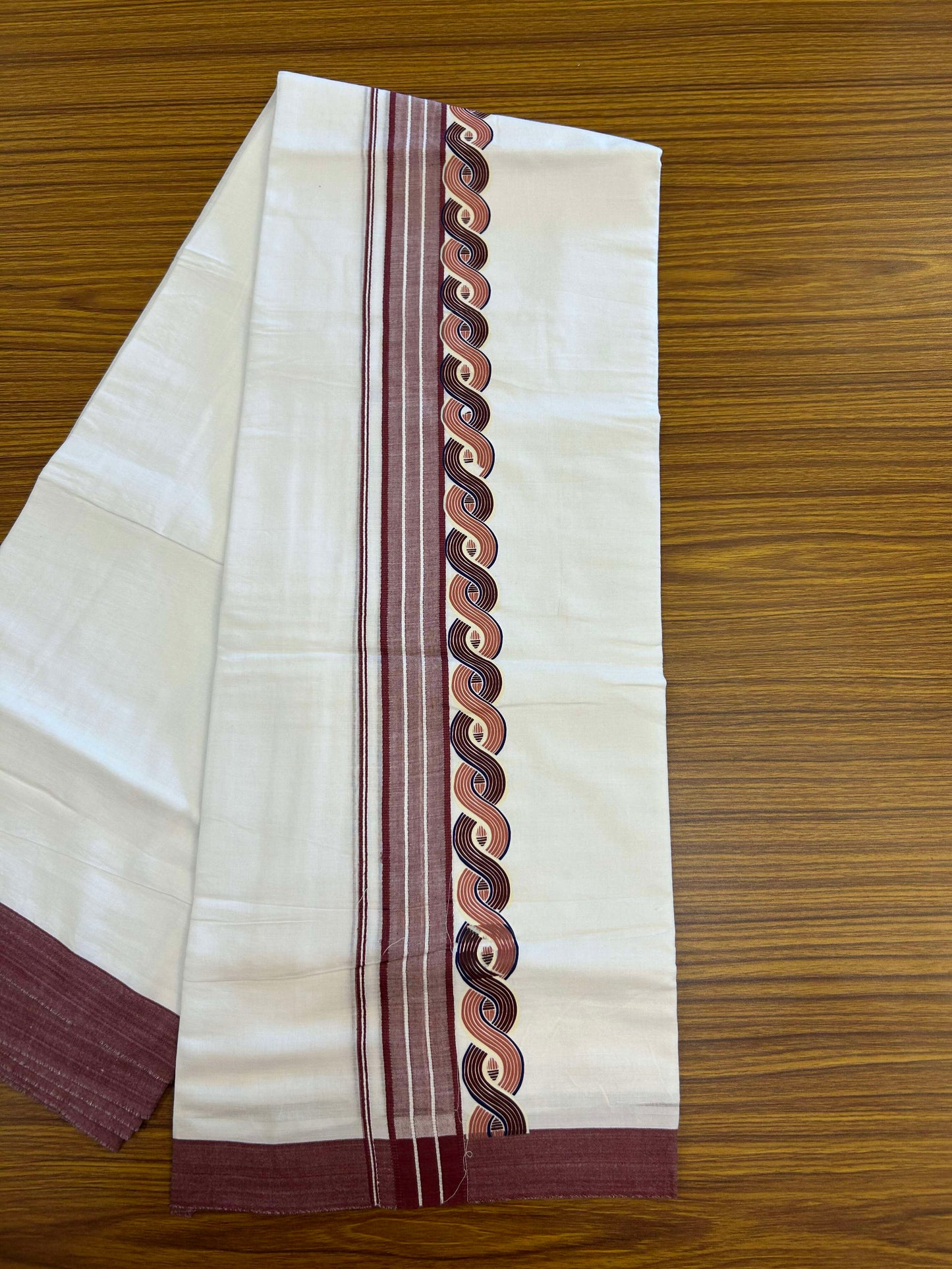 20% Discount ! KaithariKada Balaramapuram Cotton Double Pure white Mundu/Dhoti- 60s - 2.75 inch Multi Colour & Light Maroon Printed Shaded Stripes Design Kara - 3.65 mtr (8 muzham) - 39 KK5309 GAN