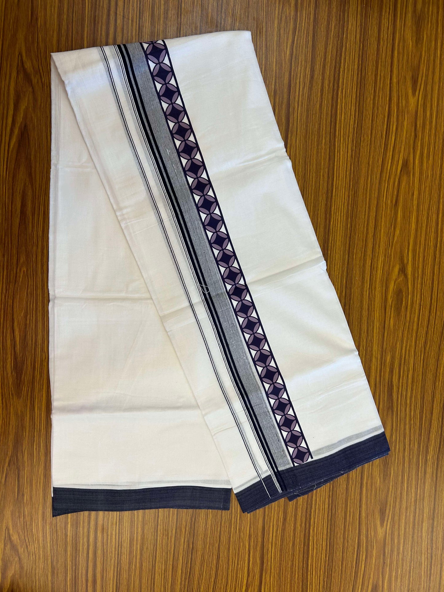 20% Discount ! KaithariKada Balaramapuram Cotton Double Pure white Mundu/Dhoti- 60s - 2.5 inch Navy Blue & Purple Printed Shaded Stripes Design Kara - 3.65 mtr (8 muzham) - 33 KK5309 GAN