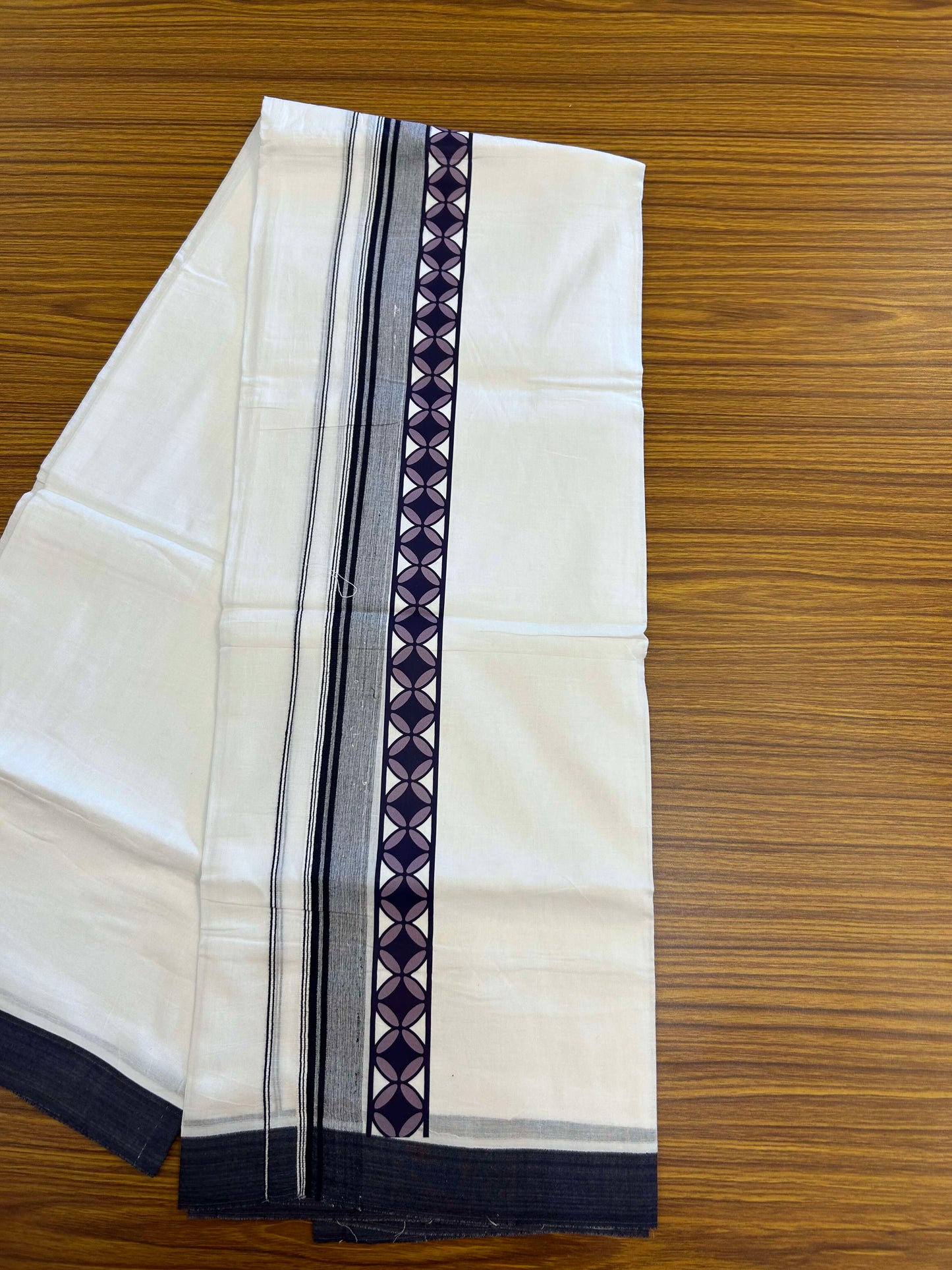 20% Discount ! KaithariKada Balaramapuram Cotton Double Pure white Mundu/Dhoti- 60s - 2.5 inch Navy Blue & Purple Printed Shaded Stripes Design Kara - 3.65 mtr (8 muzham) - 33 KK5309 GAN