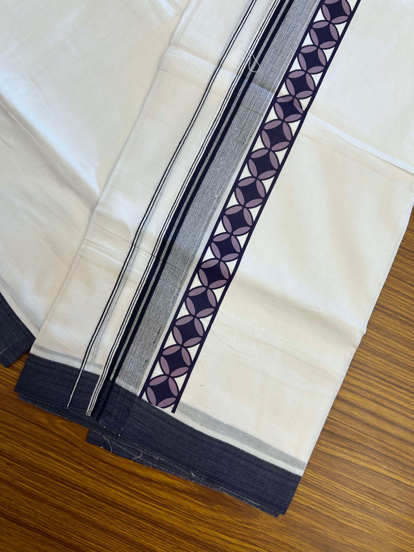 20% Discount ! KaithariKada Balaramapuram Cotton Double Pure white Mundu/Dhoti- 60s - 2.5 inch Navy Blue & Purple Printed Shaded Stripes Design Kara - 3.65 mtr (8 muzham) - 33 KK5309 GAN