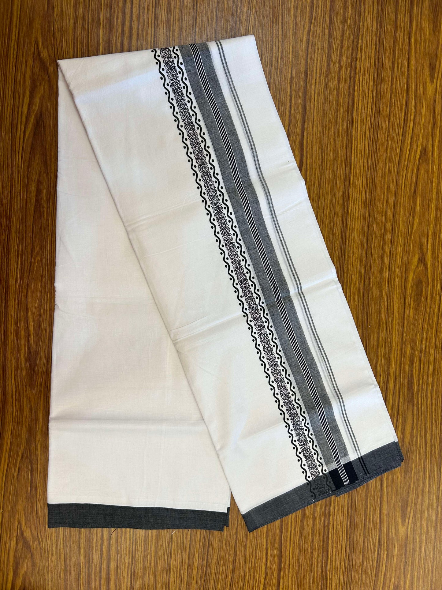 20% Discount ! KaithariKada Balaramapuram Cotton Double Pure white Mundu/Dhoti- 60s - 2.75 inch Black Printed Shaded Stripes Design Kara - 3.65 mtr (8 muzham) - 40 KK5309 GAN