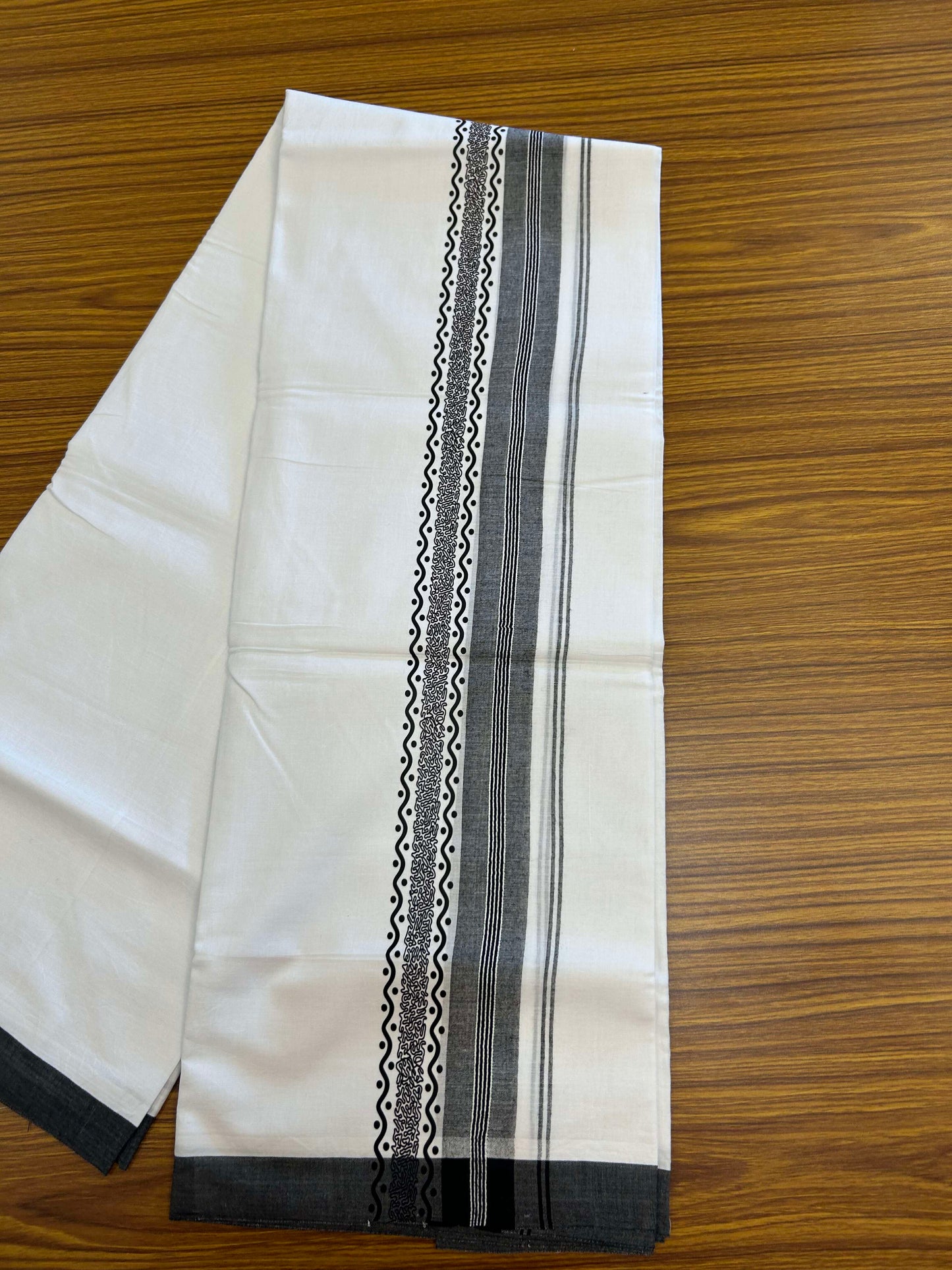 20% Discount ! KaithariKada Balaramapuram Cotton Double Pure white Mundu/Dhoti- 60s - 2.75 inch Black Printed Shaded Stripes Design Kara - 3.65 mtr (8 muzham) - 40 KK5309 GAN