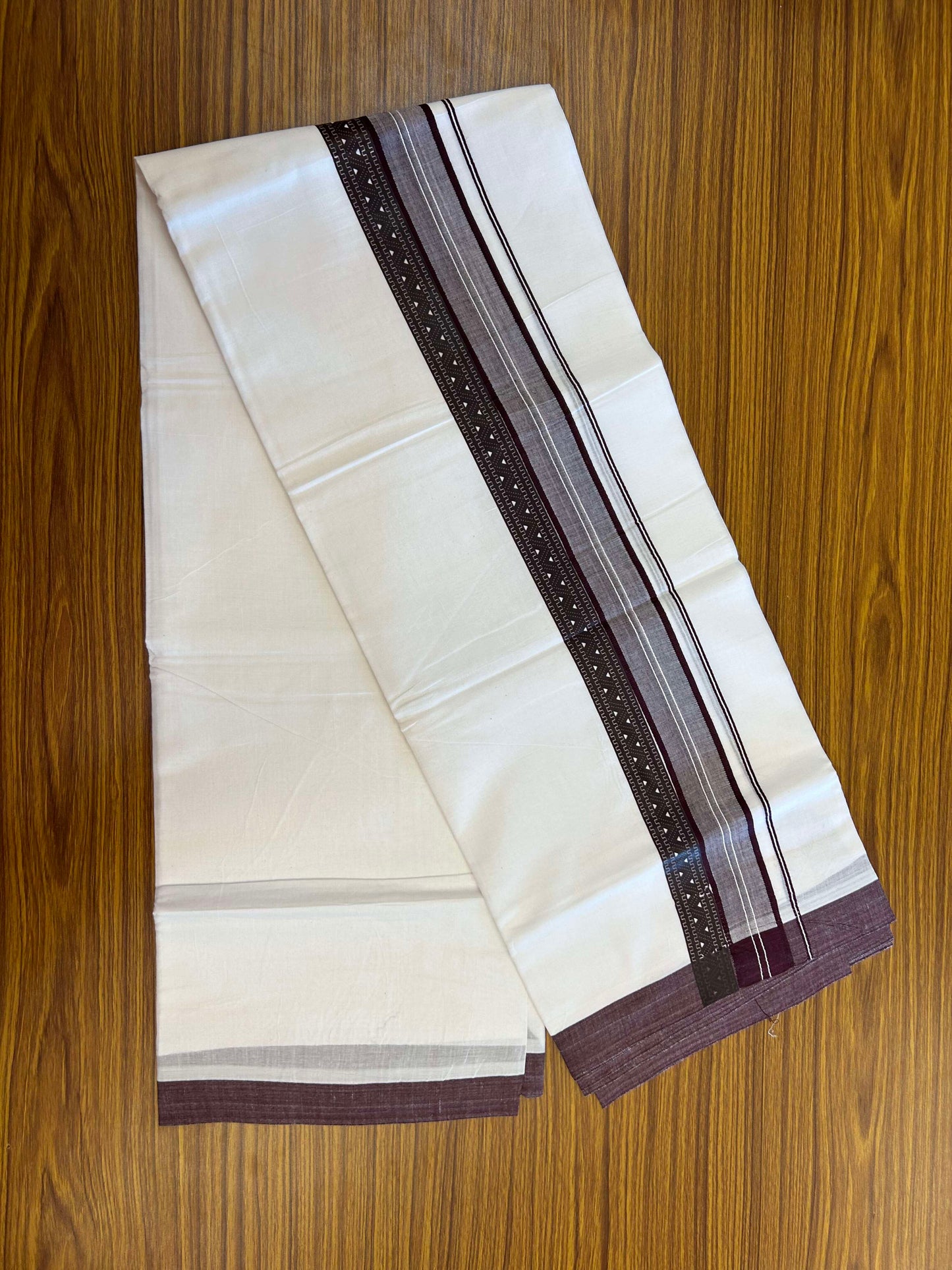 20% Discount ! KaithariKada Balaramapuram Cotton Double Pure white Mundu/Dhoti- 60s - 2.5 inch Wine Purple Printed Shaded Stripes Design Kara - 3.65 mtr (8 muzham) - 41 KK5309 GAN