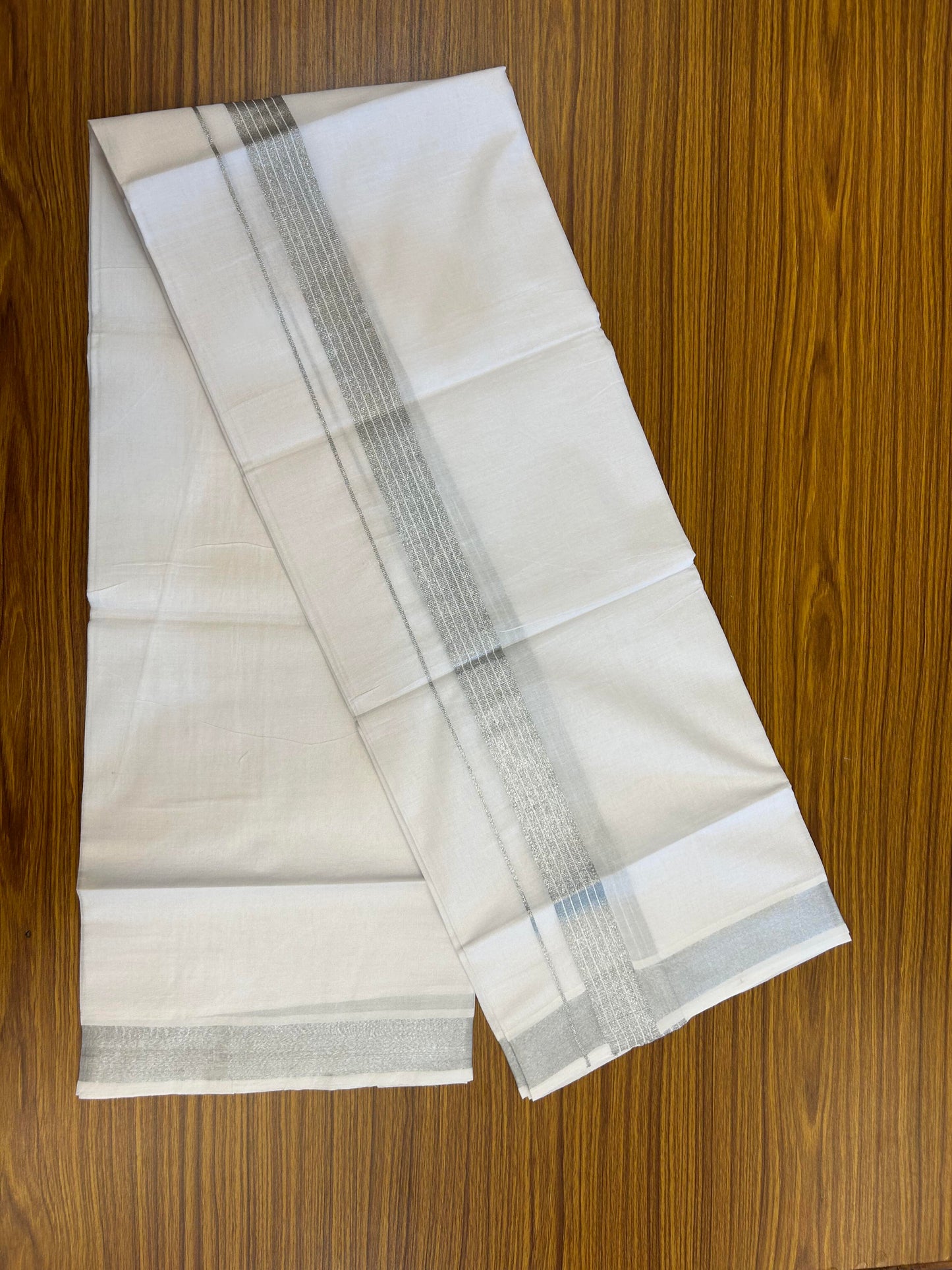 20% Discount ! Kaitharikada Balaramapuram 100% Cotton Pure White Double Mundu/Dothi - 100x80 - 1.25 inch Silver Kasav Striped Kara 3.90 m (8 muzham) - 85 KK5364 MC