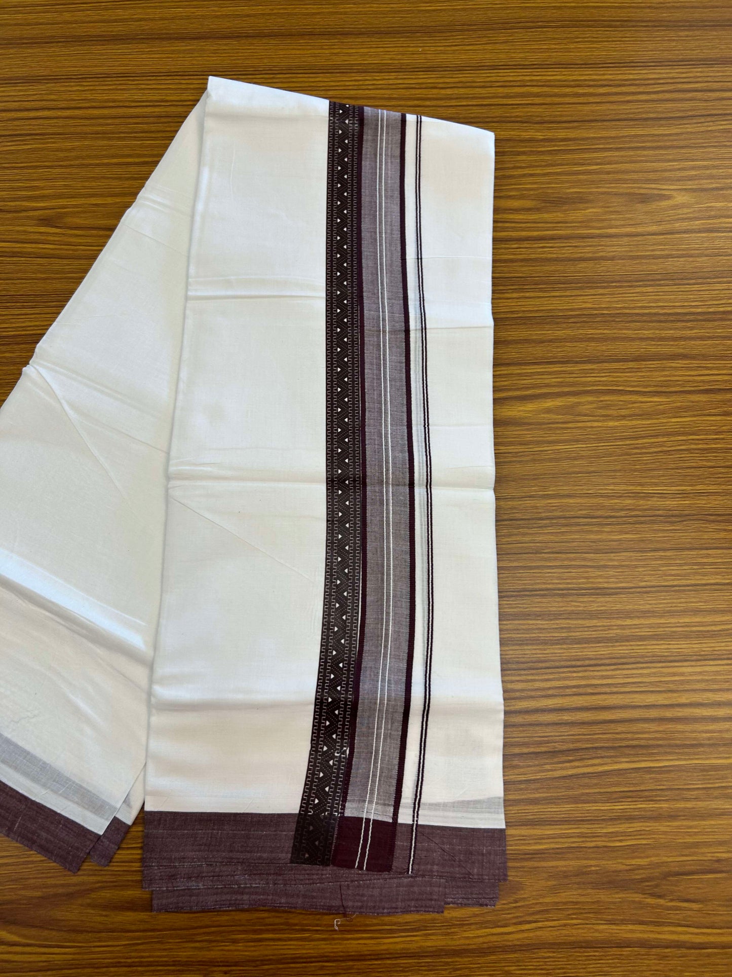 20% Discount ! KaithariKada Balaramapuram Cotton Double Pure white Mundu/Dhoti- 60s - 2.5 inch Wine Purple Printed Shaded Stripes Design Kara - 3.65 mtr (8 muzham) - 41 KK5309 GAN