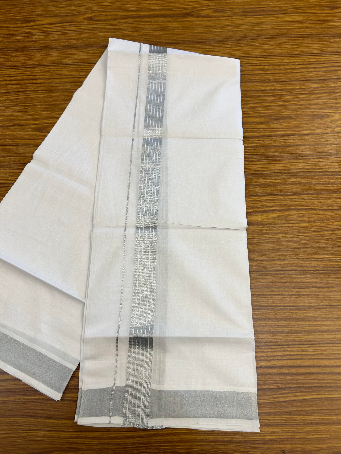 20% Discount ! Kaitharikada Balaramapuram 100% Cotton Pure White Double Mundu/Dothi - 100x80 - 1.25 inch Silver Kasav Striped Kara 3.90 m (8 muzham) - 85 KK5364 MC