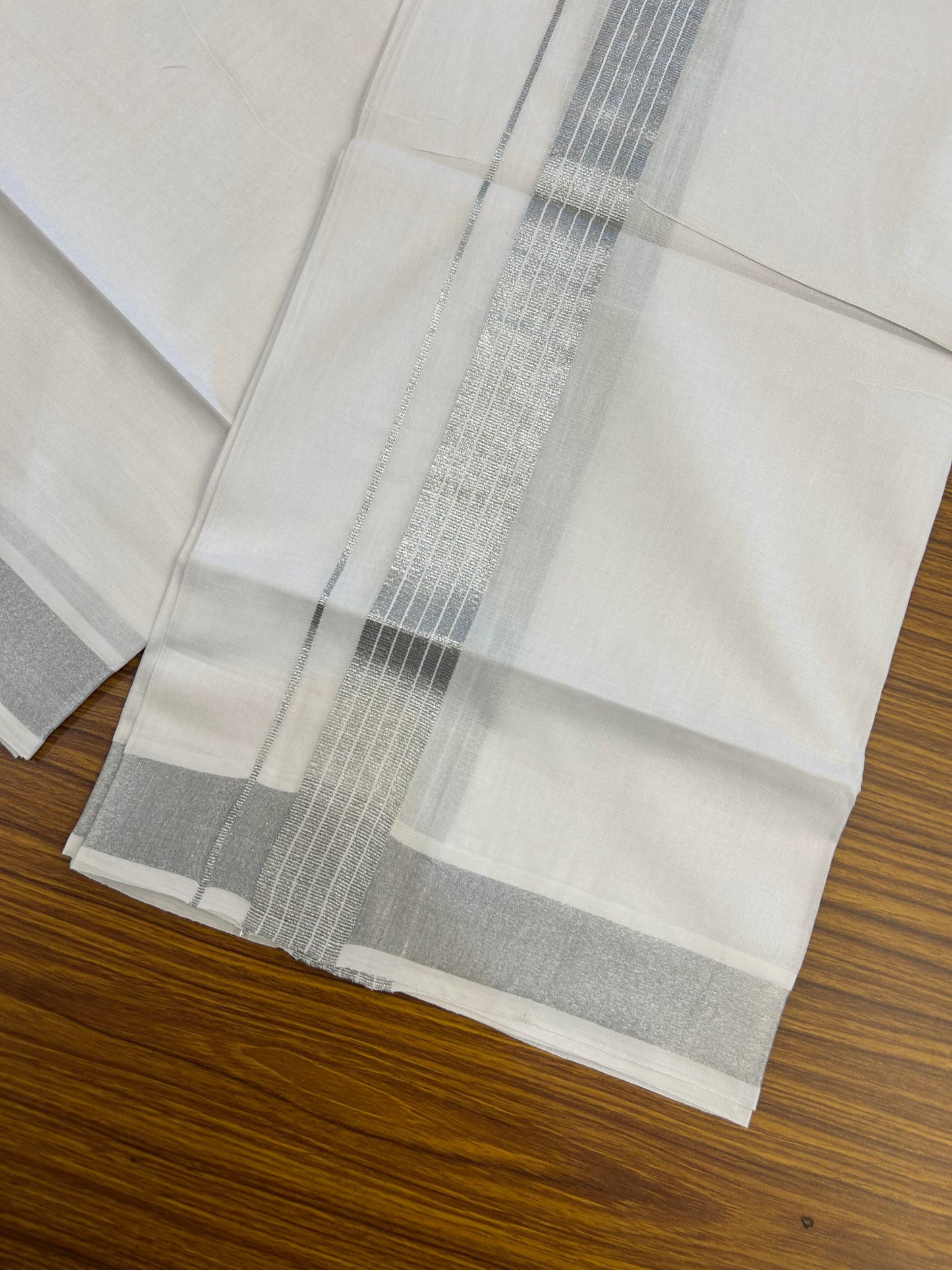 20% Discount ! Kaitharikada Balaramapuram 100% Cotton Pure White Double Mundu/Dothi - 100x80 - 1.25 inch Silver Kasav Striped Kara 3.90 m (8 muzham) - 85 KK5364 MC