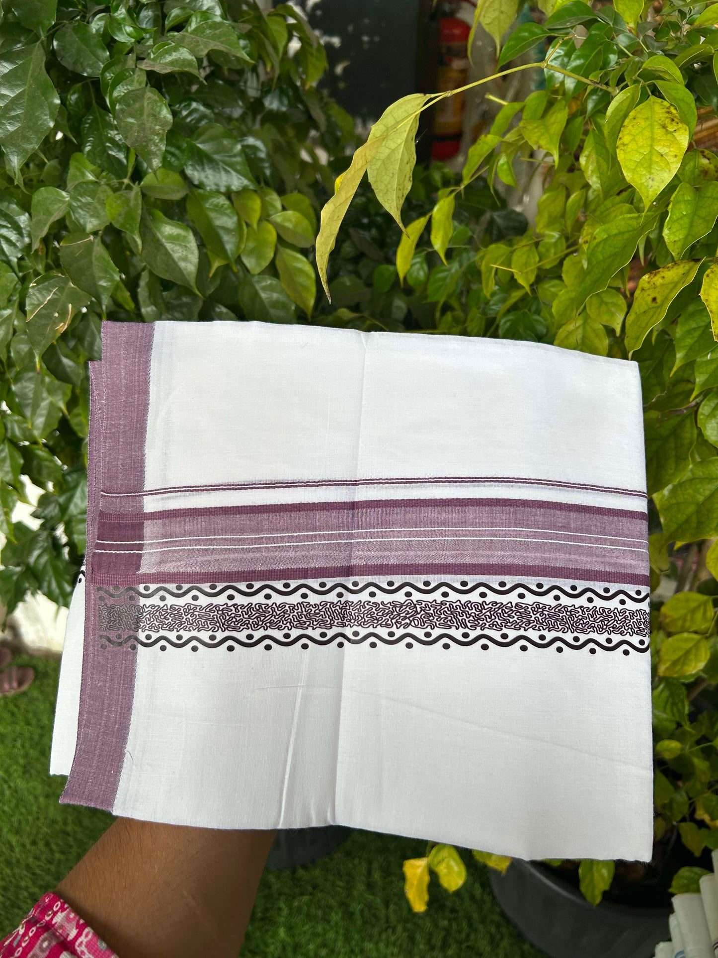 20% Discount ! KaithariKada Balaramapuram Cotton Double Pure white Mundu/Dhoti- 60s - 2.5 inch Purple Printed Shaded Stripes Design Kara - 3.65 mtr (8 muzham) - 30 KK5309 GAN