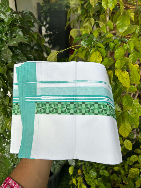 20% Discount ! KaithariKada Balaramapuram Cotton Double Pure white Mundu/Dhoti- 60s - 2.5 inch Turquoise Green & Dark Green Printed Shaded Stripes Design Kara - 3.65 mtr (8 muzham) - 31 KK5309 GAN
