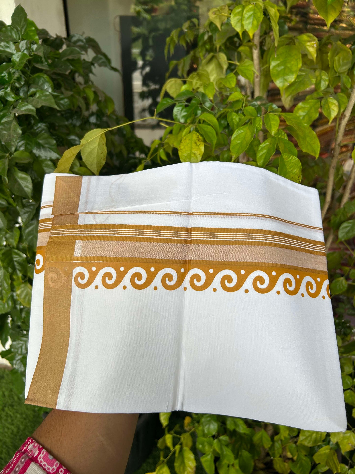 20% Discount ! KaithariKada Balaramapuram Cotton Double Pure white Mundu/Dhoti- 60s - 2.5 inch Mustard Yellow Printed Shaded Stripes Design Kara - 3.65 mtr (8 muzham) - 32 KK5309 GAN