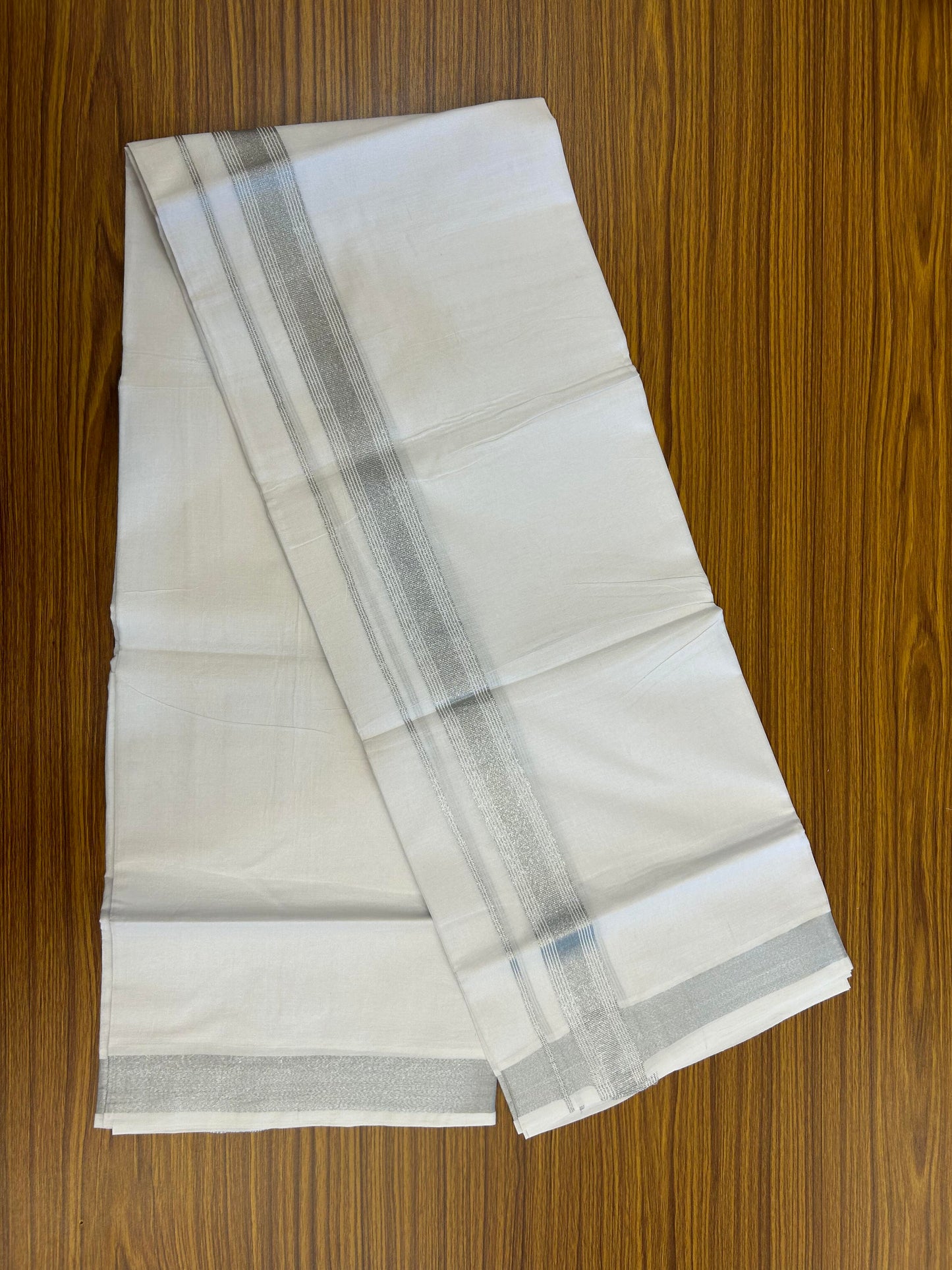 20% Discount ! Kaitharikada Balaramapuram 100% Cotton Pure White Double Mundu/Dothi - 100x80 - 1.25 inch Silver Kasav Striped Kara 3.90 m (8 muzham) - 87 KK5364 MC