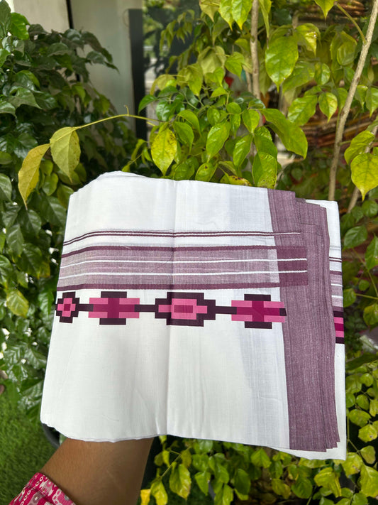 20% Discount ! KaithariKada Balaramapuram Cotton Double Pure white Mundu/Dhoti- 60s - 2.5 inch Navy Ash Lavander & Purple Printed Shaded Stripes Design Kara - 3.65 mtr (8 muzham) - 34 KK5309 GAN