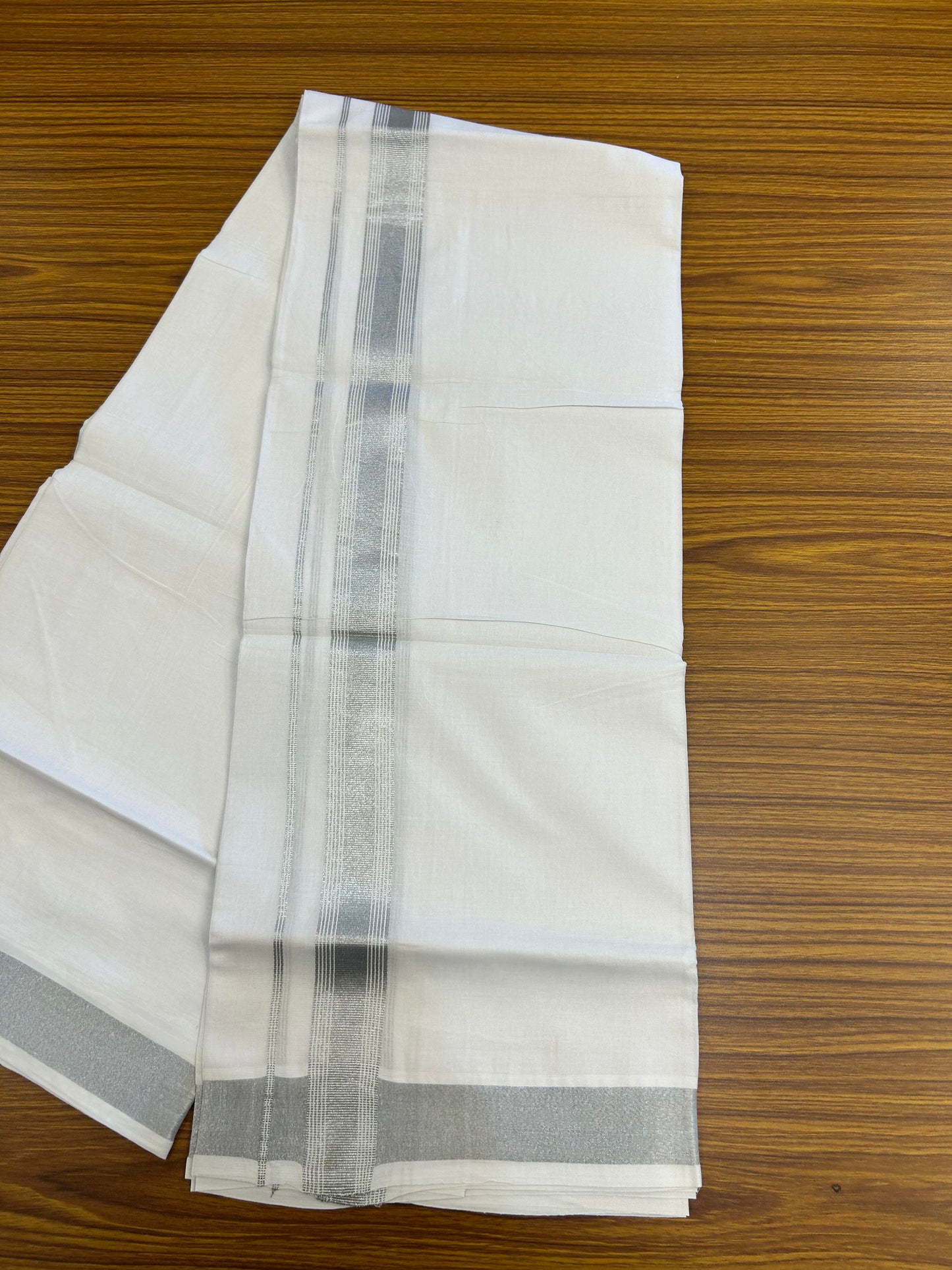 20% Discount ! Kaitharikada Balaramapuram 100% Cotton Pure White Double Mundu/Dothi - 100x80 - 1.25 inch Silver Kasav Striped Kara 3.90 m (8 muzham) - 87 KK5364 MC