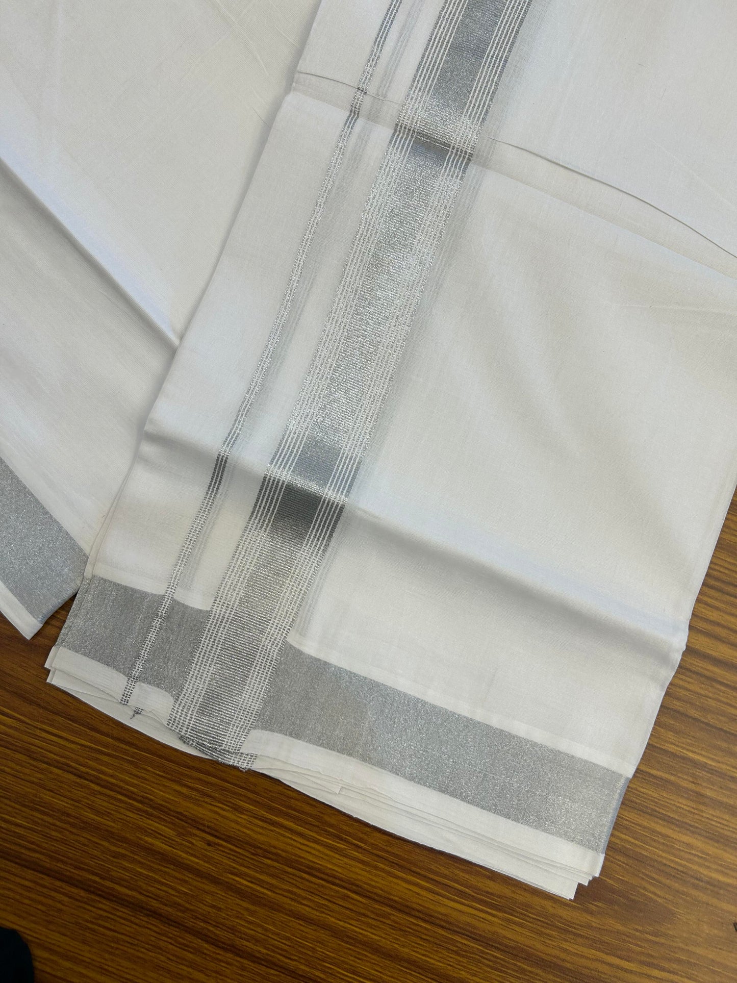 20% Discount ! Kaitharikada Balaramapuram 100% Cotton Pure White Double Mundu/Dothi - 100x80 - 1.25 inch Silver Kasav Striped Kara 3.90 m (8 muzham) - 87 KK5364 MC
