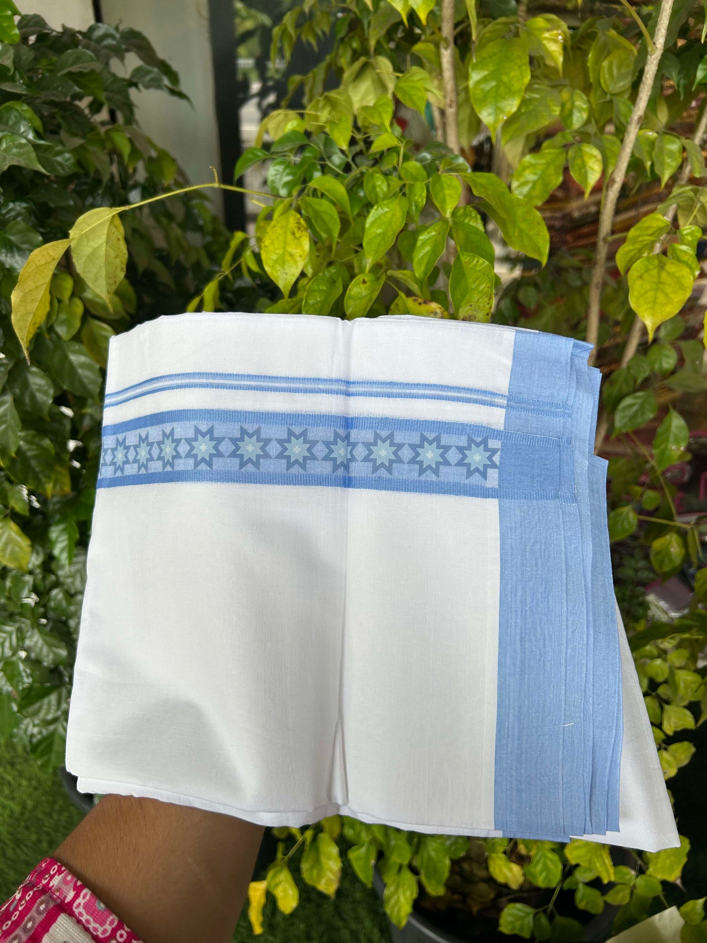 20% Discount ! KaithariKada Balaramapuram Cotton Double Pure white Mundu/Dhoti- 60s - 1.5 inch Blue Printed Shaded Stripes Design Kara - 3.65 mtr (8 muzham) - 37 KK5309 GAN