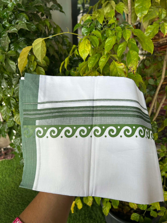 20% Discount ! KaithariKada Balaramapuram Cotton Double Pure white Mundu/Dhoti- 60s - 2.5 inch Green Printed Shaded Stripes Design Kara - 3.65 mtr (8 muzham) - 35 KK5309 GAN