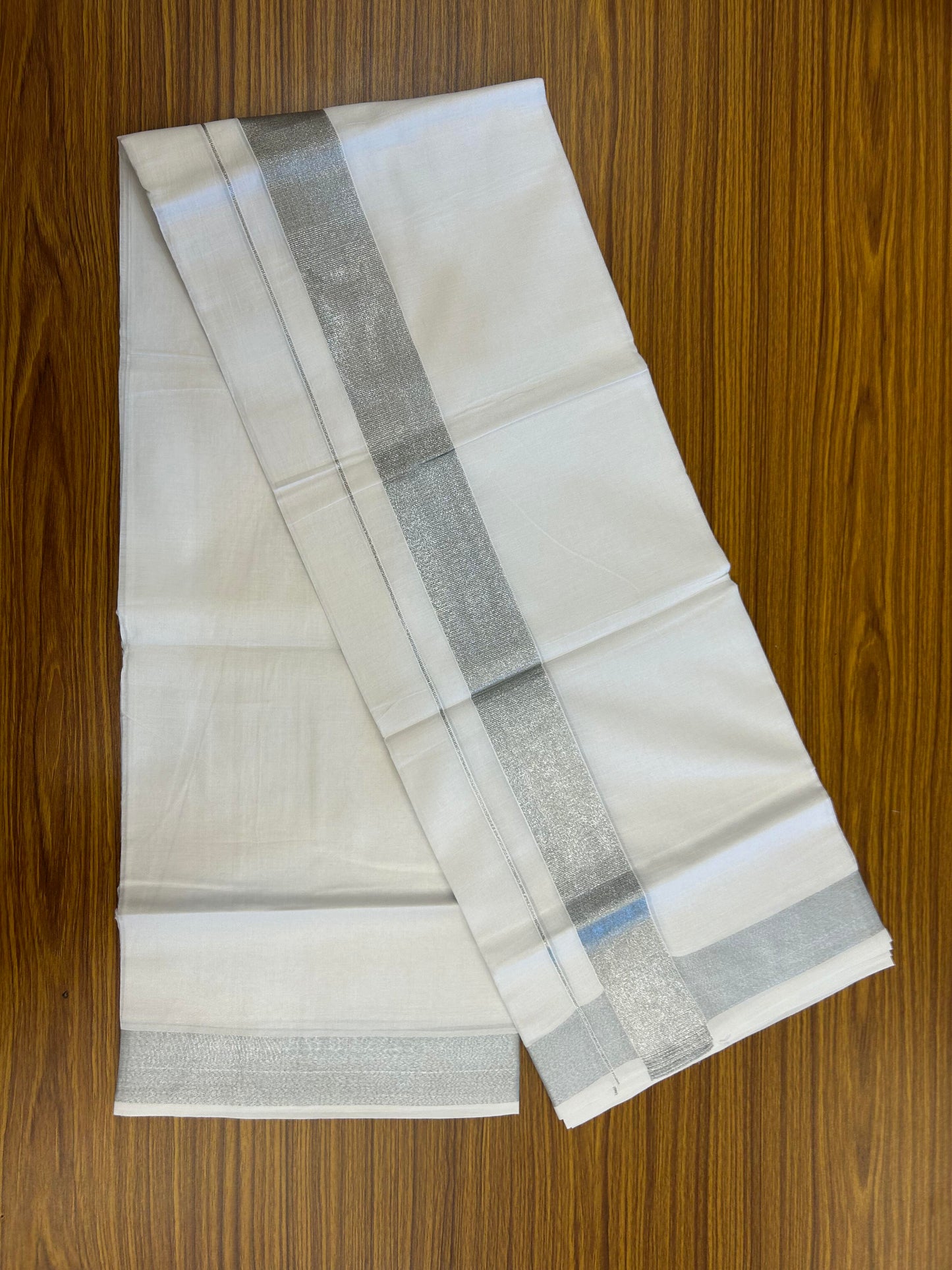 20% Discount ! KaithariKada Balaramapuram 100% Cotton Double Pure white Mundu/Dhoti - 100x80 - 2 inch Silver Kasav Kara 3.90 M(8 Muzham) - 55 KK5364 MC