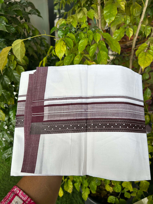 20% Discount ! KaithariKada Balaramapuram Cotton Double Pure white Mundu/Dhoti- 60s - 2.5 inch Wine Purple Printed Shaded Stripes Design Kara - 3.65 mtr (8 muzham) - 41 KK5309 GAN
