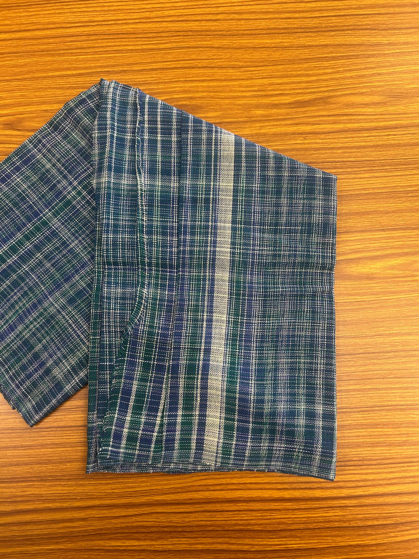 Kaitharikada - Handloom Pure Cotton Kerala Towel - Thorthu - Peacock Green & Blue Body With White Kara - 3 KK51202 ELA