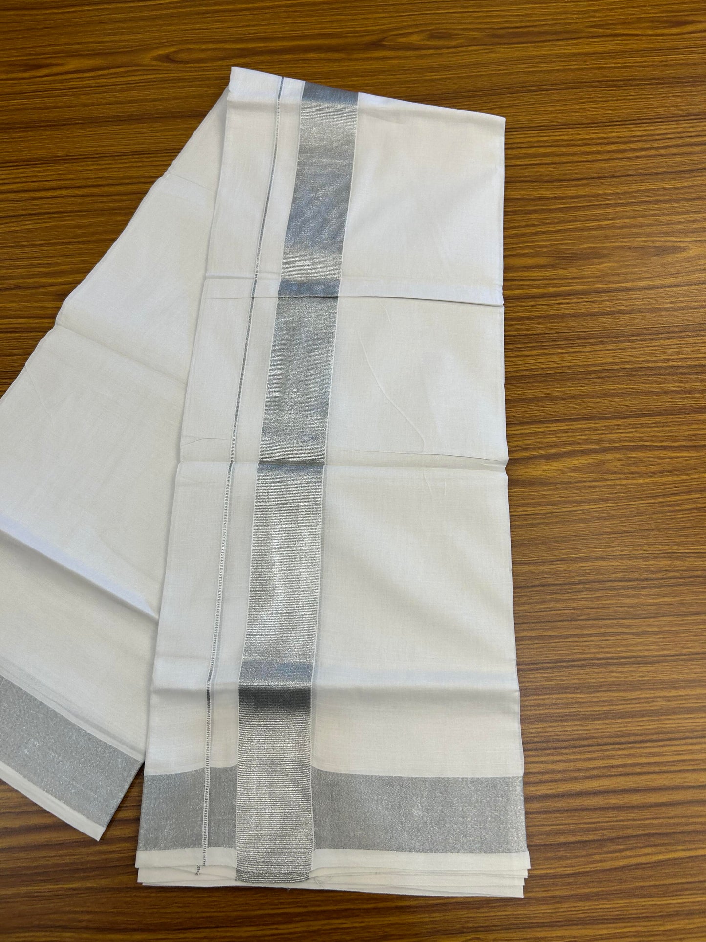 20% Discount ! KaithariKada Balaramapuram 100% Cotton Double Pure white Mundu/Dhoti - 100x80 - 2 inch Silver Kasav Kara 3.90 M(8 Muzham) - 55 KK5364 MC
