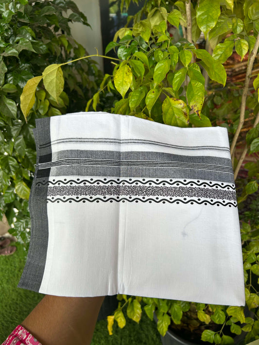 20% Discount ! KaithariKada Balaramapuram Cotton Double Pure white Mundu/Dhoti- 60s - 2.75 inch Black Printed Shaded Stripes Design Kara - 3.65 mtr (8 muzham) - 40 KK5309 GAN