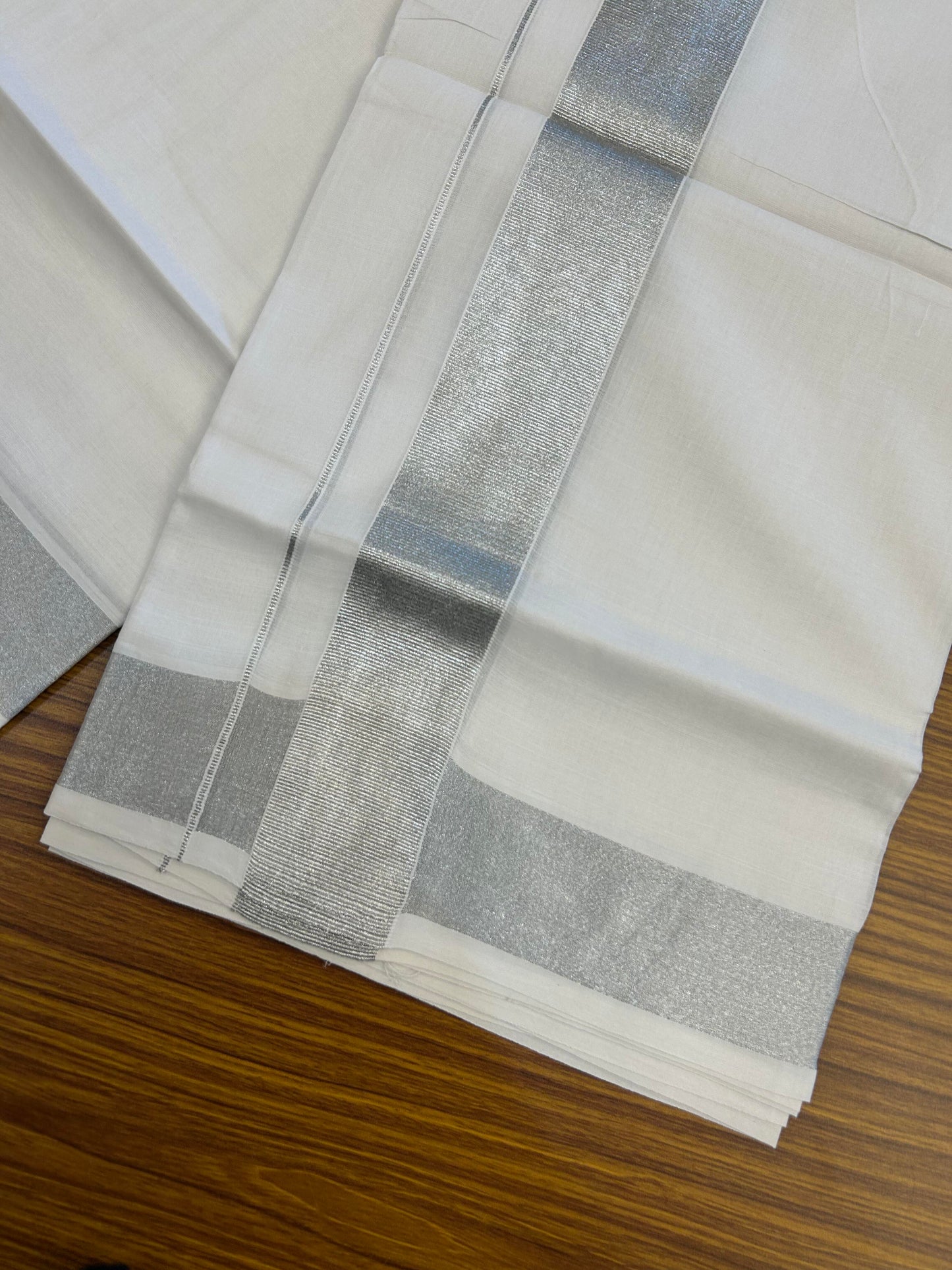 20% Discount ! KaithariKada Balaramapuram 100% Cotton Double Pure white Mundu/Dhoti - 100x80 - 2 inch Silver Kasav Kara 3.90 M(8 Muzham) - 55 KK5364 MC