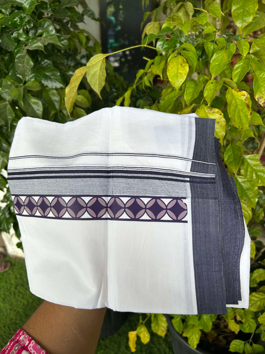 20% Discount ! KaithariKada Balaramapuram Cotton Double Pure white Mundu/Dhoti- 60s - 2.5 inch Navy Blue & Purple Printed Shaded Stripes Design Kara - 3.65 mtr (8 muzham) - 33 KK5309 GAN