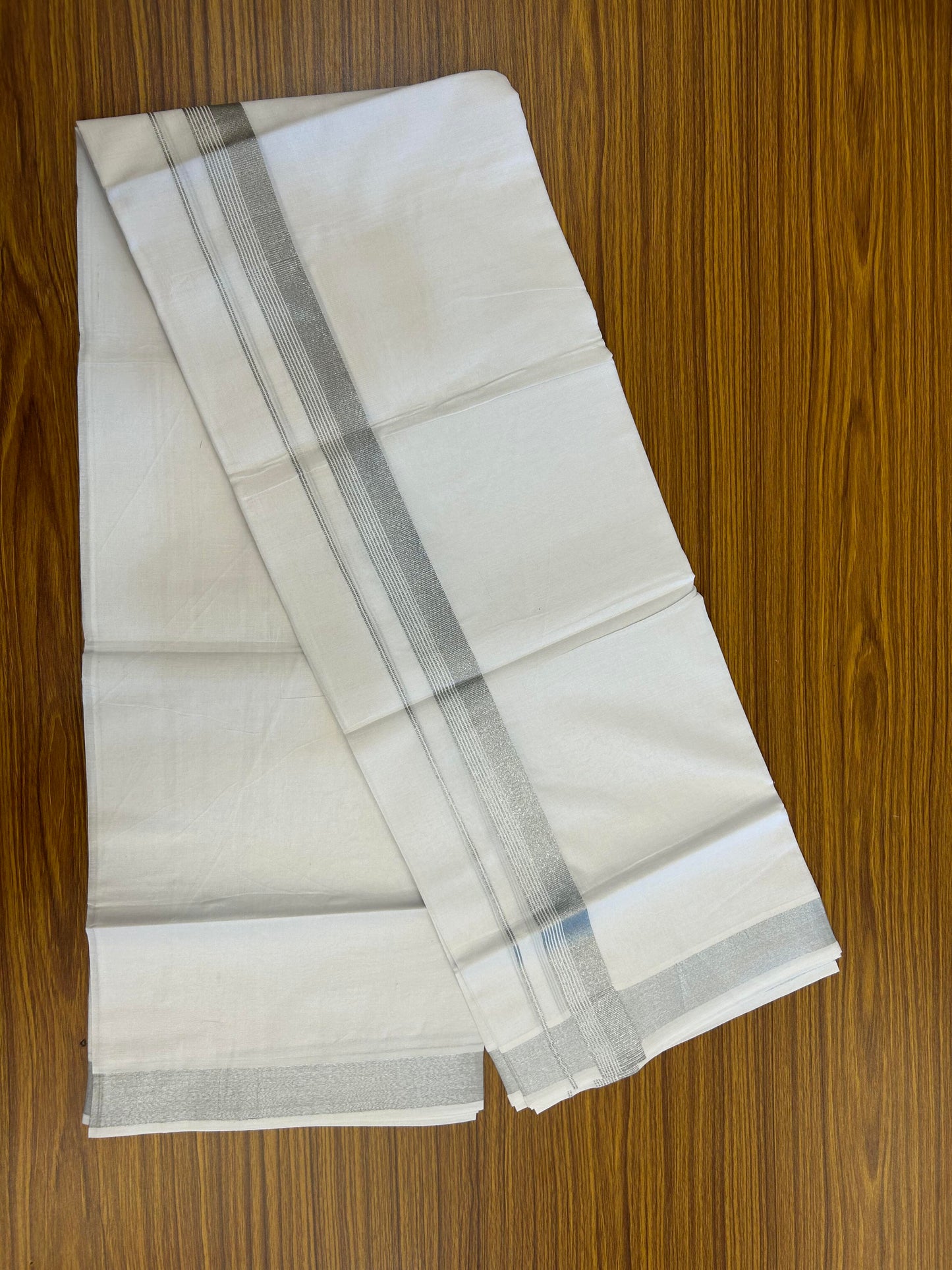 20% Discount ! Kaitharikada Balaramapuram 100% Cotton Pure White Double Mundu/Dothi - 100x80 - 1.25 inch Silver Kasav Striped Kara 3.90 m (8 muzham) - 89 KK5364 MC