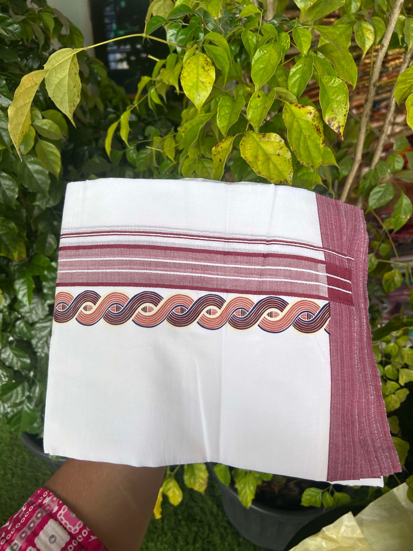 20% Discount ! KaithariKada Balaramapuram Cotton Double Pure white Mundu/Dhoti- 60s - 2.75 inch Multi Colour & Light Maroon Printed Shaded Stripes Design Kara - 3.65 mtr (8 muzham) - 39 KK5309 GAN