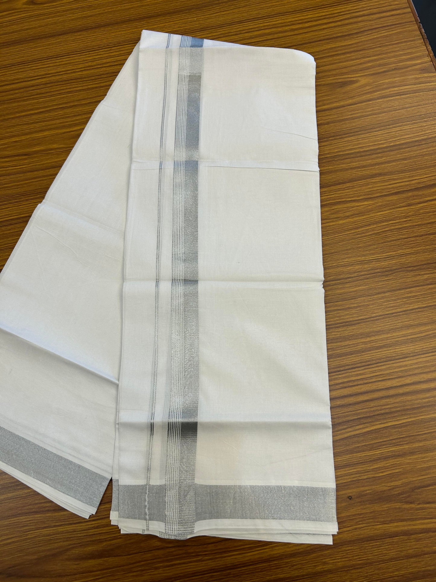 20% Discount ! Kaitharikada Balaramapuram 100% Cotton Pure White Double Mundu/Dothi - 100x80 - 1.25 inch Silver Kasav Striped Kara 3.90 m (8 muzham) - 89 KK5364 MC