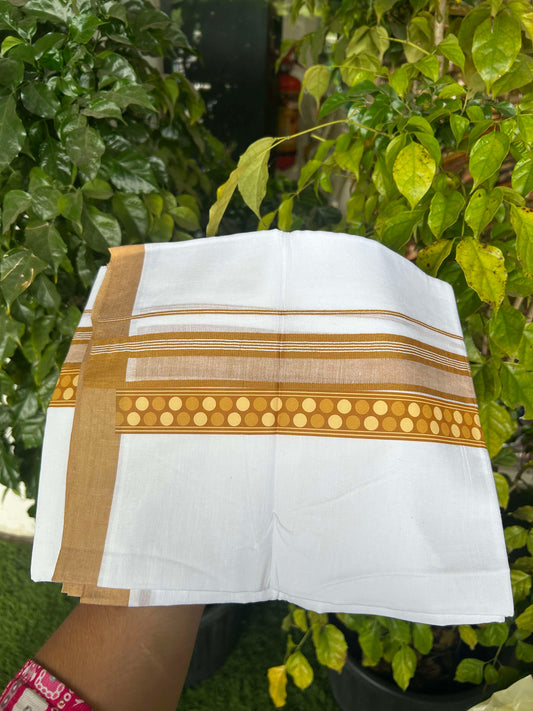 20% Discount ! KaithariKada Balaramapuram Cotton Double Pure white Mundu/Dhoti- 60s - 2.75 inch Mustard Yellow Printed Shaded Stripes Design Kara - 3.65 mtr (8 muzham) - 24 KK5309 GAN