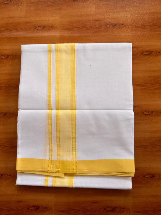 Pure White Double Mundu/Dhoti - 20% Discount ! Kaitharikada Mixed Cotton - 80s - 1.75 inch Yellow Shaded striped Kara 3.70 mtr (8 muzham) - 3 KK5525 MRH