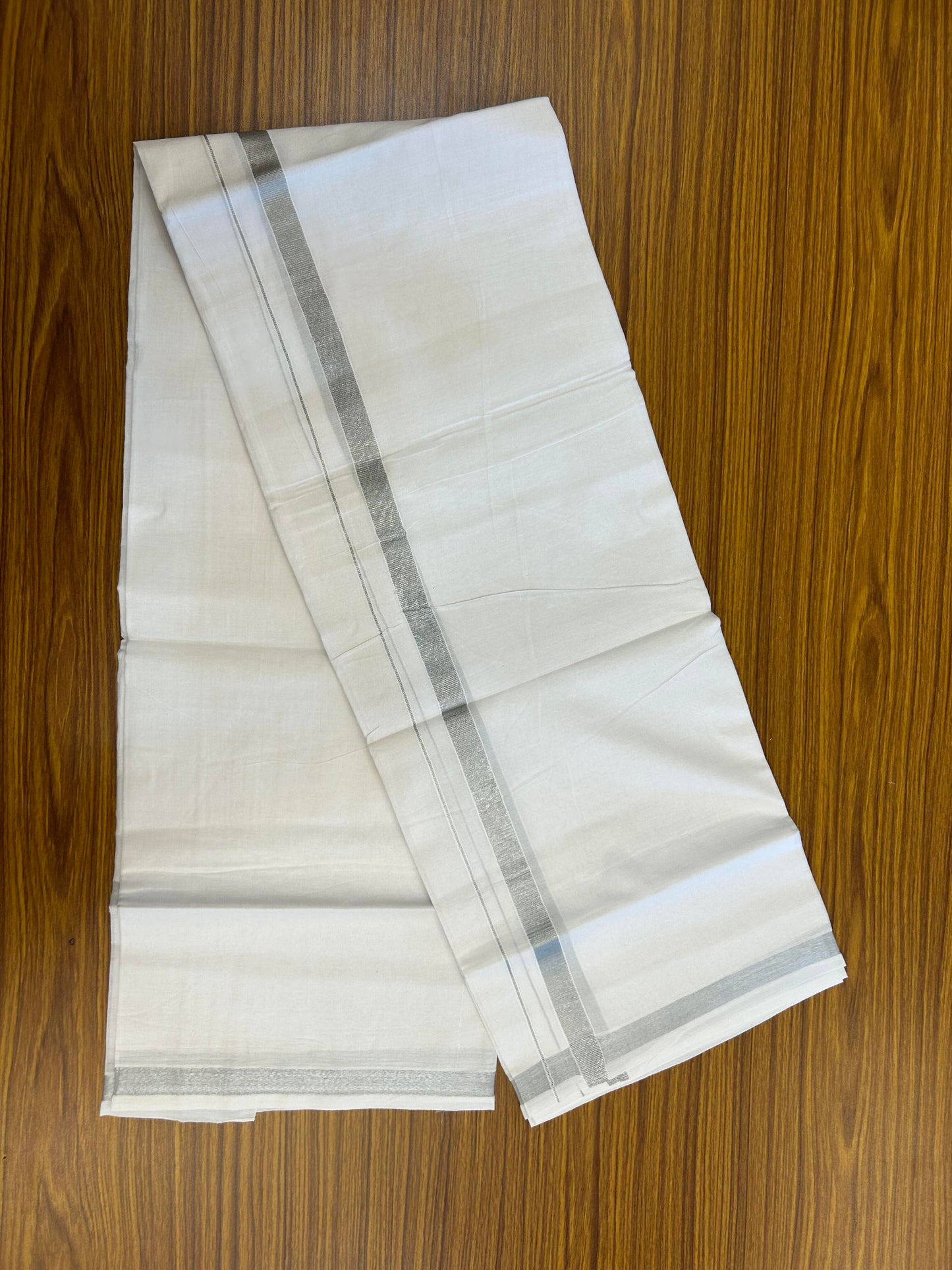 20% Discount ! KaithariKada Balaramapuram 100% Cotton Double Pure white Mundu/Dhoti - 100x80 - 0.75 inch Silver Kasav Kara 3.90 M(8 Muzham) - 83 KK5364 MC
