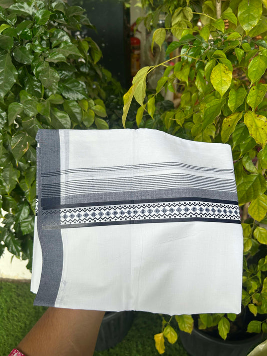 20% Discount ! KaithariKada Balaramapuram Cotton Double Pure white Mundu/Dhoti- 60s - 2.5 inch Navy Blue Printed Shaded Stripes Design Kara - 3.65 mtr (8 muzham) - 23 KK5309 GAN