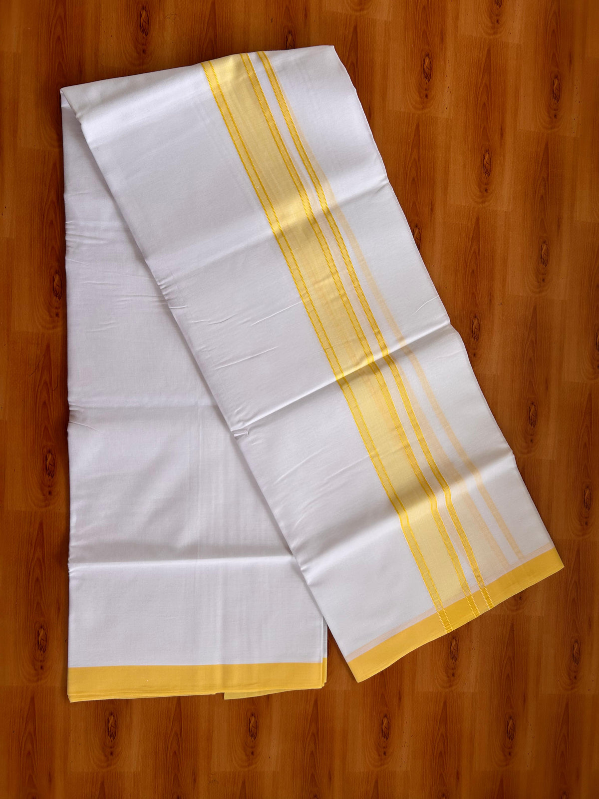 Pure White Double Mundu/Dhoti - 20% Discount ! Kaitharikada Mixed Cotton - 80s - 1.75 inch Yellow Shaded striped Kara 3.70 mtr (8 muzham) - 3 KK5525 MRH
