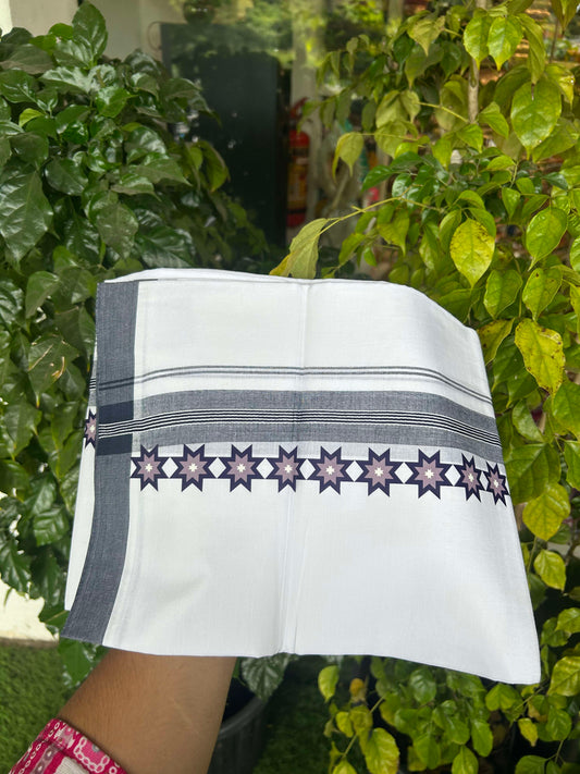 20% Discount ! KaithariKada Balaramapuram Cotton Double Pure white Mundu/Dhoti- 60s - 2.75 inch Blue & Ash Lavender Printed Shaded Stripes Design Kara - 3.65 mtr (8 muzham) - 22 KK5309 GAN