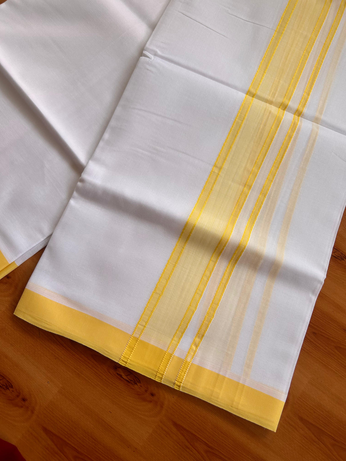 Pure White Double Mundu/Dhoti - 20% Discount ! Kaitharikada Mixed Cotton - 80s - 1.75 inch Yellow Shaded striped Kara 3.70 mtr (8 muzham) - 3 KK5525 MRH