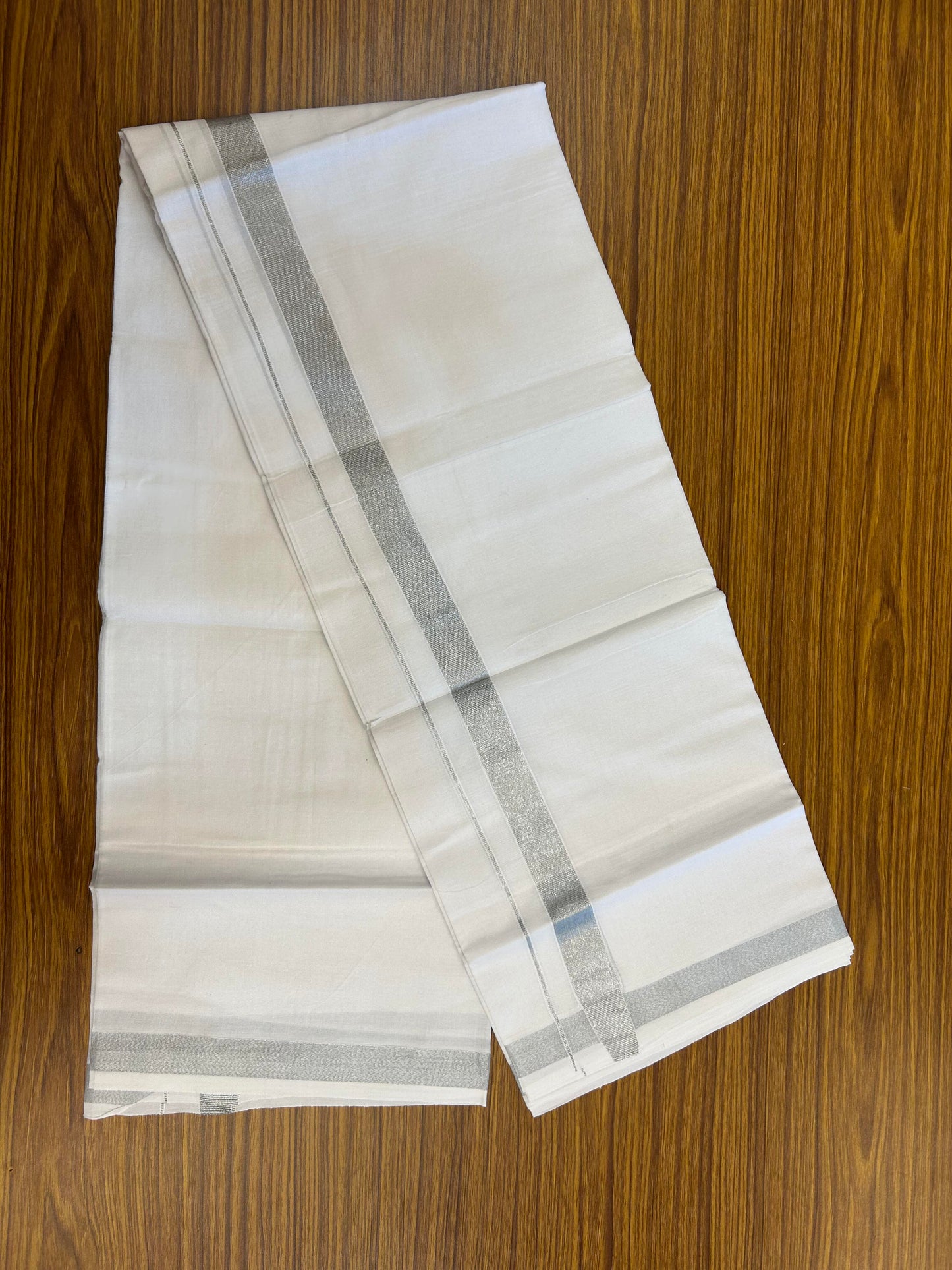 20% Discount ! KaithariKada Balaramapuram 100% Cotton Double Pure white Mundu/Dhoti - 100x80 - 1 inch Silver Kasav Kara 3.90 M(8 Muzham) - 84 KK5364 MC
