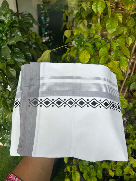 20% Discount ! KaithariKada Balaramapuram Cotton Double Pure white Mundu/Dhoti- 60s - 2.5 inch Grey & Black Printed Shaded Stripes Design Kara - 3.65 mtr (8 muzham) - 20 KK5309 GAN