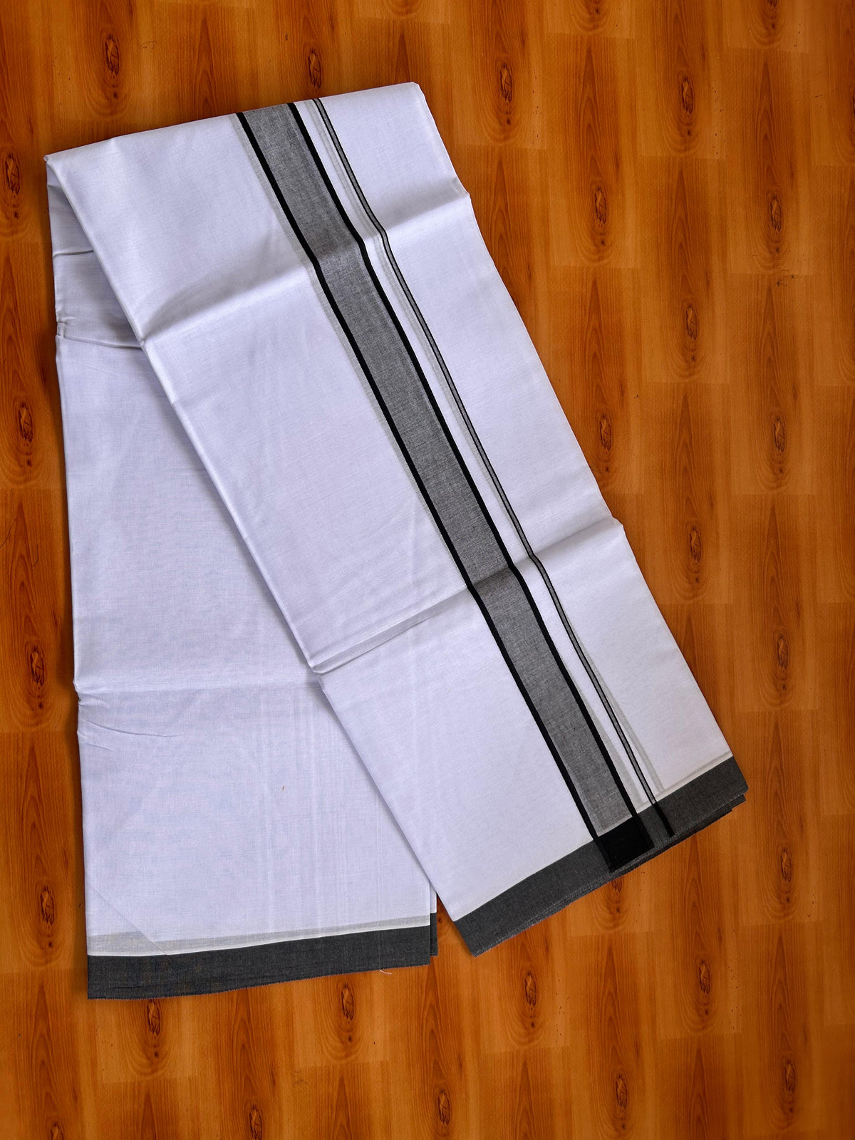 Blue Dyed Pure White Double Mundu/Dhoti - 20% Discount ! Kaitharikada Pure Cotton - 80s - 1.5 inch Black Shaded Kara 3.85 mtr (8 muzham) - 4 KK5525 MRH