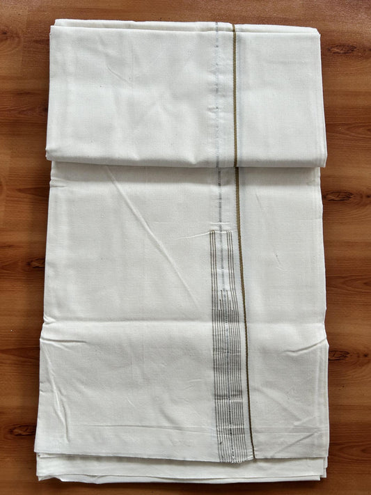 Single Mundu/Dhoti - Off White (Unbleached) 20% Discount !! KaithariKada Balaramapuram 100% Cotton Twisted 100s Thread - 0.75 inch Silver Kasav & Medium Brown Puliyilakkara Chutty (2 meter/4 Muzham) - 8 KK5407 ASH