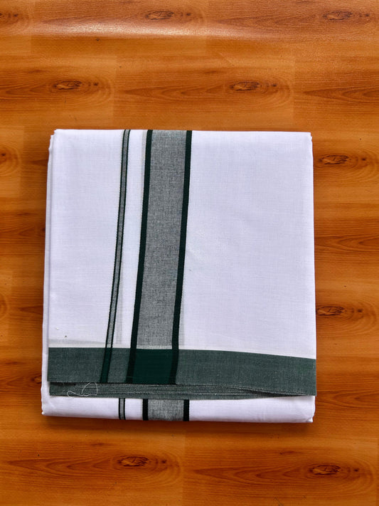 Blue Dyed Pure White Double Mundu/Dhoti - 20% Discount ! Kaitharikada Pure Cotton - 80s - 1.5 inch Green Shaded Kara 3.85 mtr (8 muzham) - 5 KK5525 MRH
